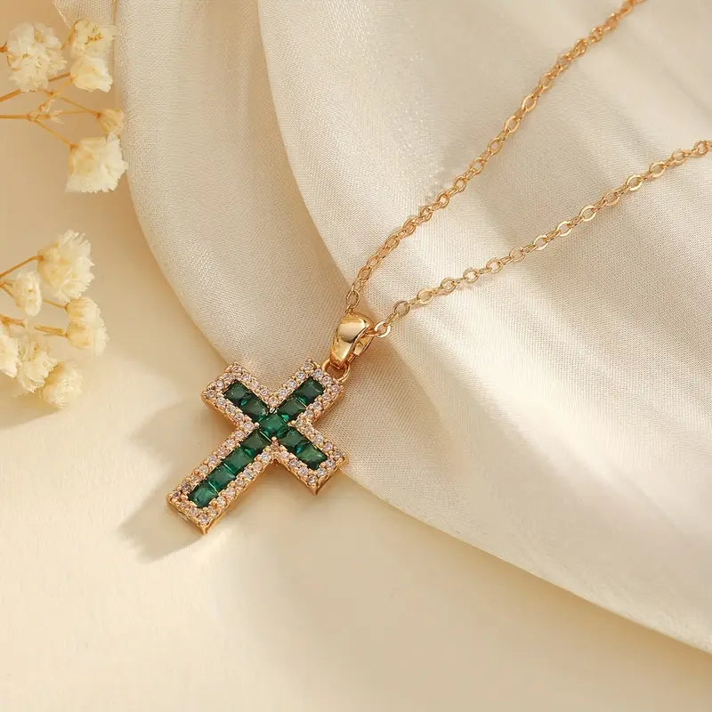 Soleane Emerald Cross Pendant Gold Necklace