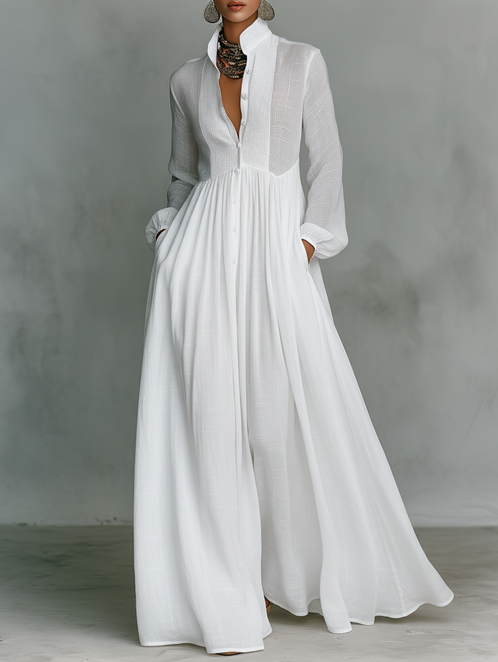 Debra | Maxi Minimalist in Cotton and Linen with Patchwork, High Collar and Long Sleeves