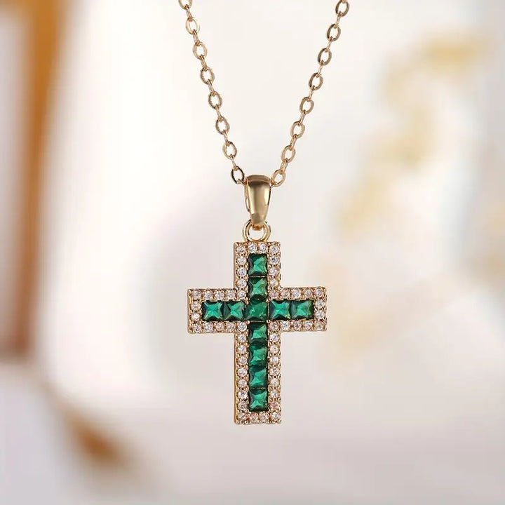 Soleane Emerald Cross Pendant Gold Necklace