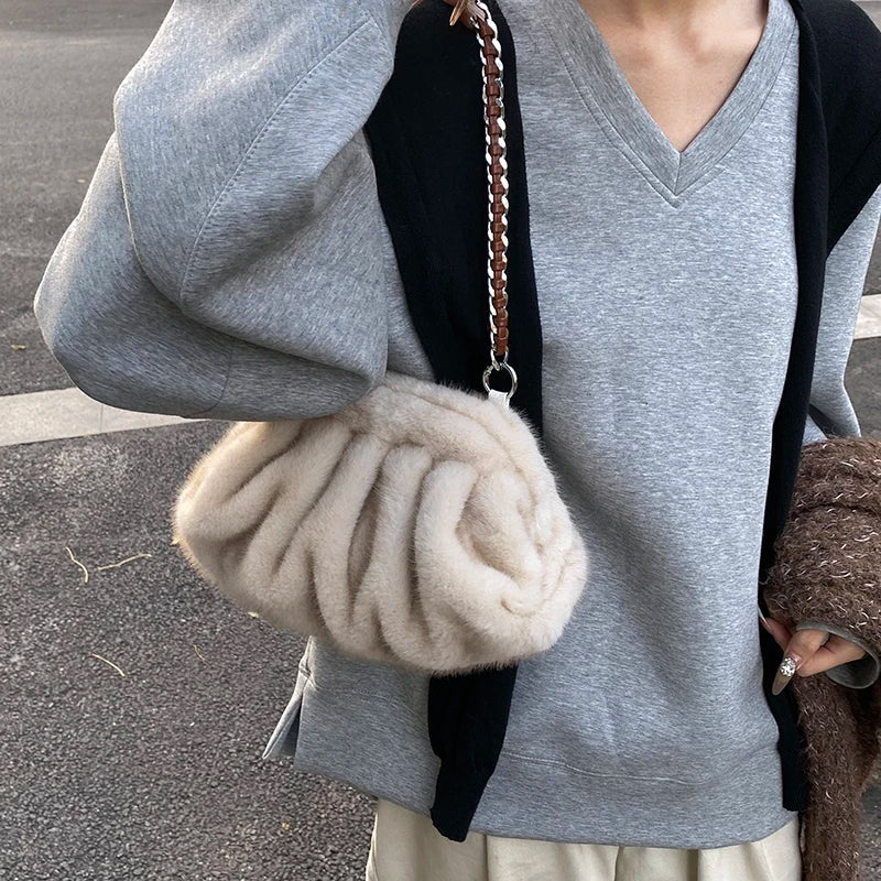 Evelyn | Pleated Faux Fur Shoulder Bag