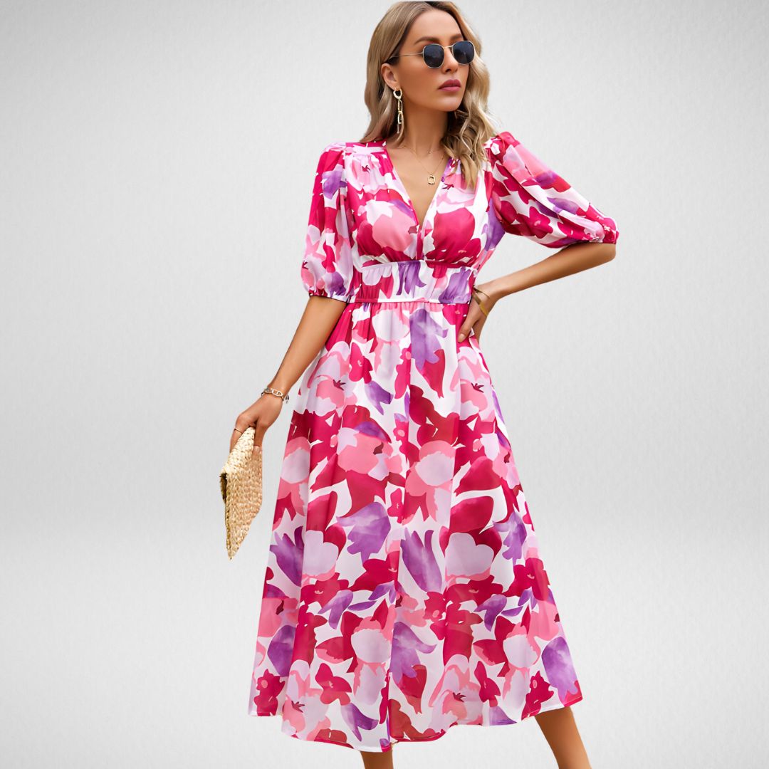 Abby | Elegant Vibrant Pattern V-Neck Dress