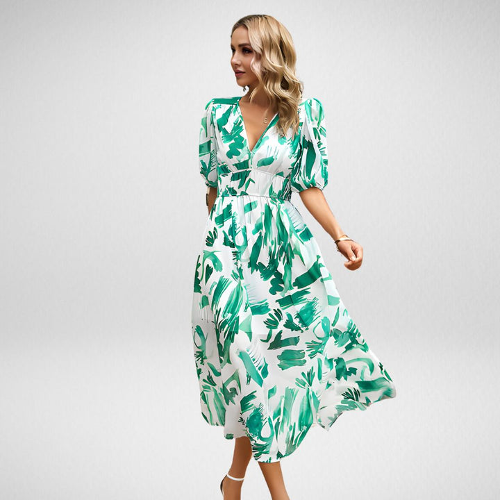 Abby | Elegant Vibrant Pattern V-Neck Dress