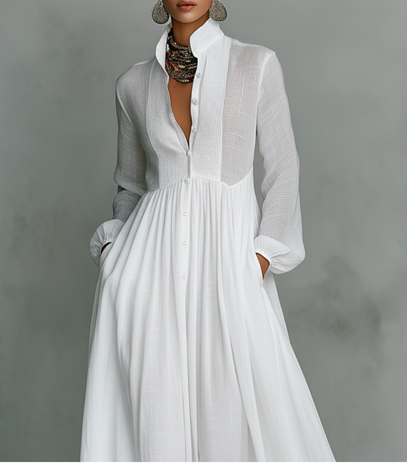 Debra | Maxi Minimalist in Cotton and Linen with Patchwork, High Collar and Long Sleeves