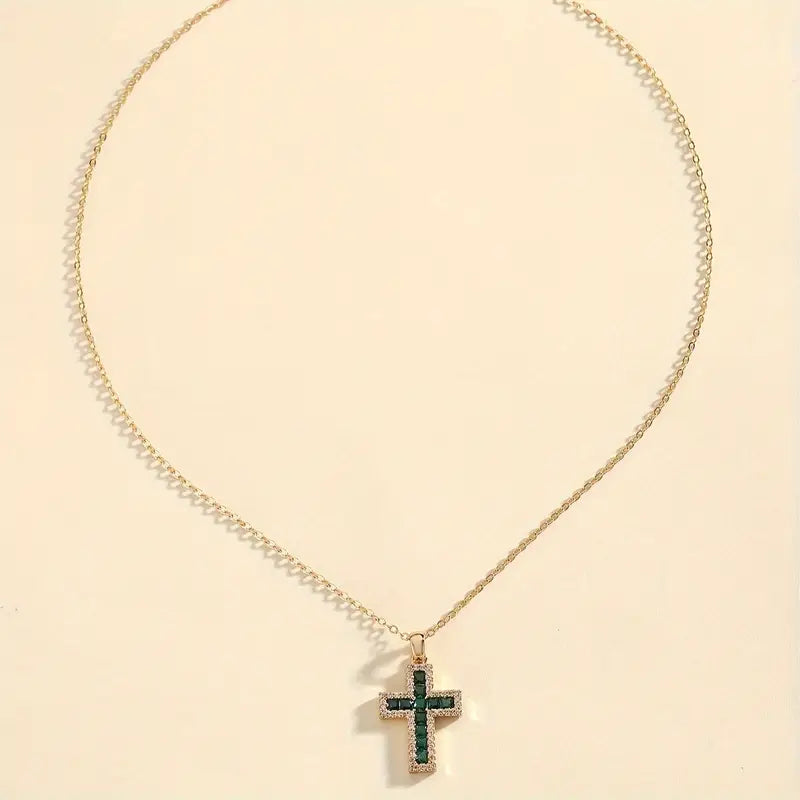 Soleane Emerald Cross Pendant Gold Necklace