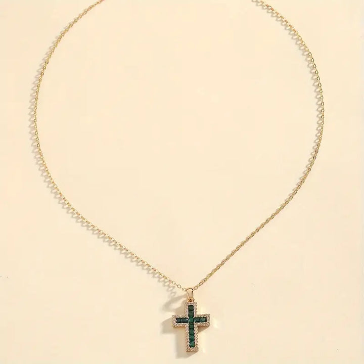 Soleane Emerald Cross Pendant Gold Necklace