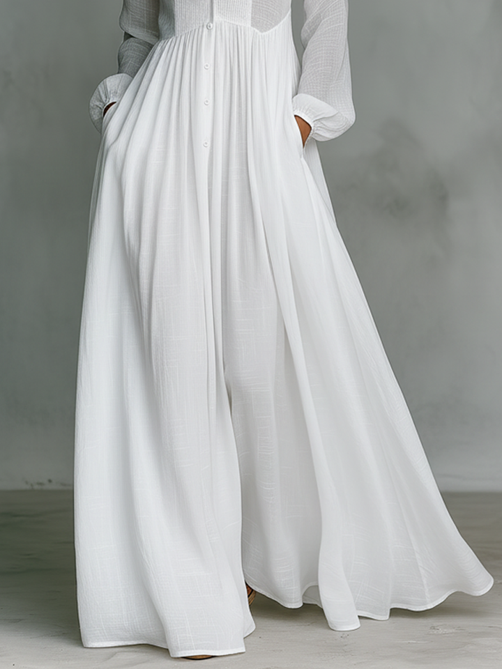 Debra | Maxi Minimalist in Cotton and Linen with Patchwork, High Collar and Long Sleeves